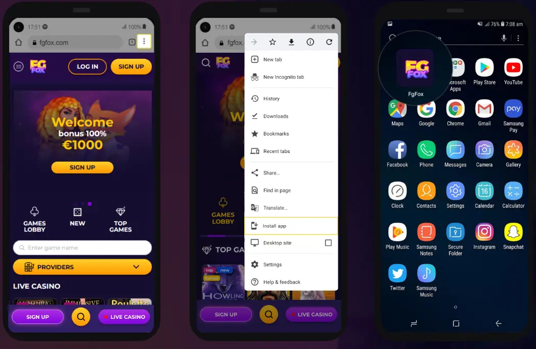 FGFox Android app installation steps in Chrome browser