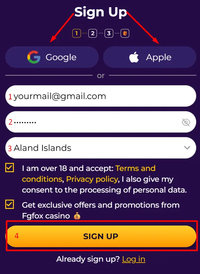 FGFox Casino registration form with Google and Apple sign up options